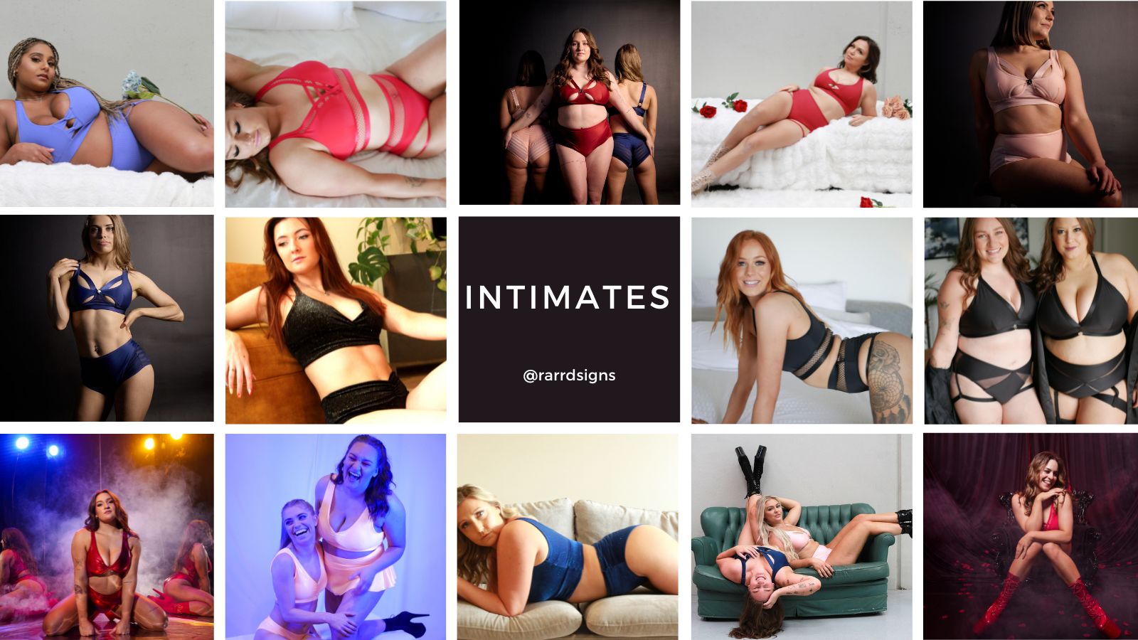 Collage of women in various poses wearing lingerie with 'INTIMATES' branding.