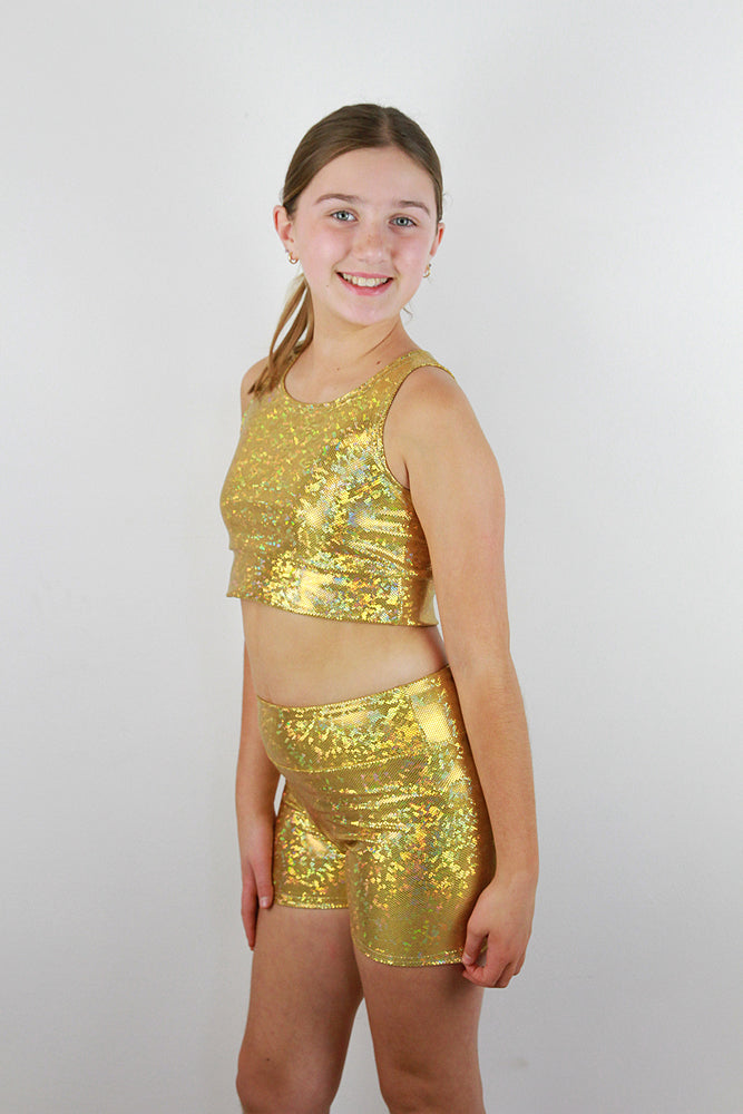 Rarr Designs Gold Sparkle Girls Shorts | kids dance activewear Australia | girls gymnastics wear