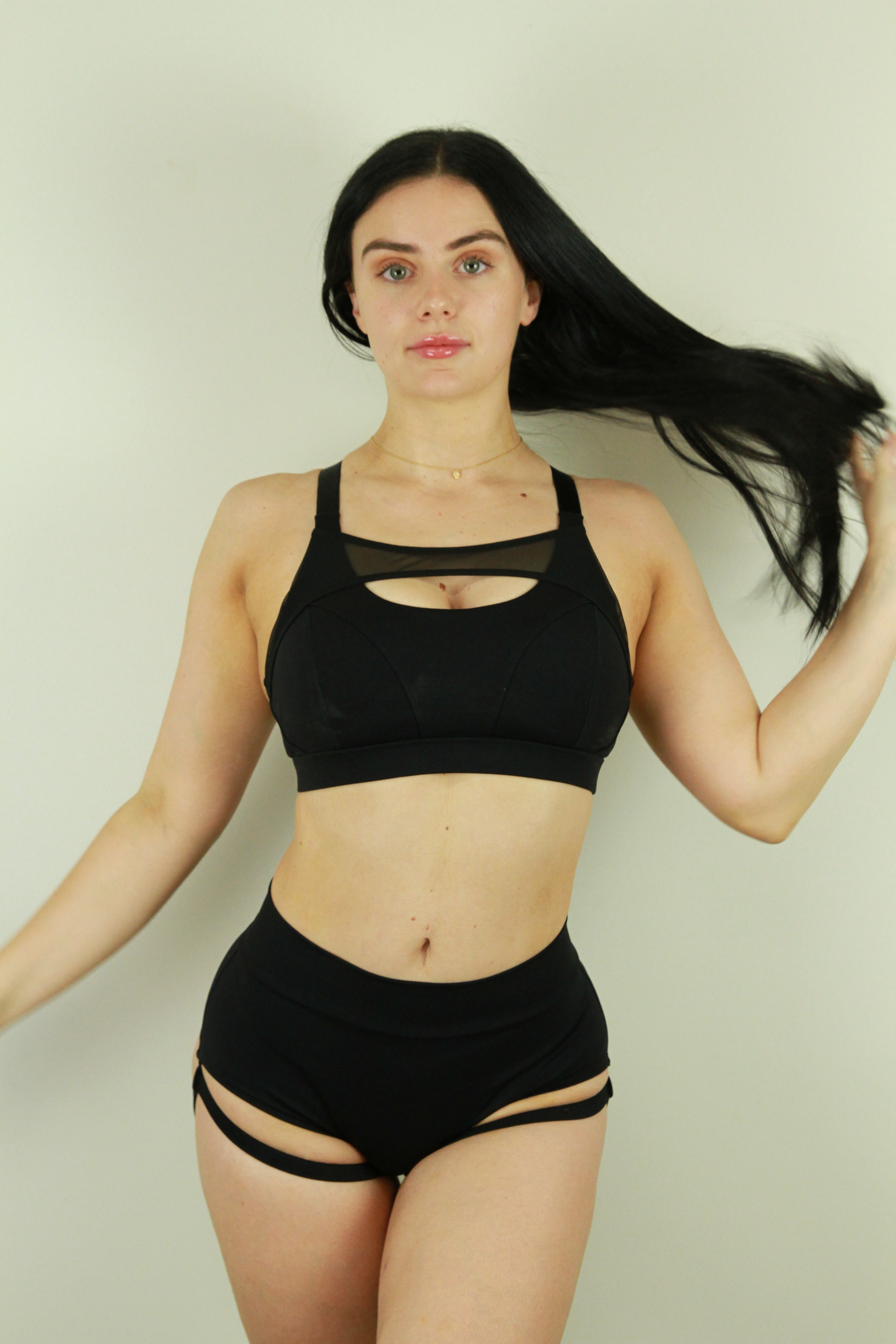 Matte Black GARTER Mid BRAZIL Scrunchie Bum Short | Pole Wear