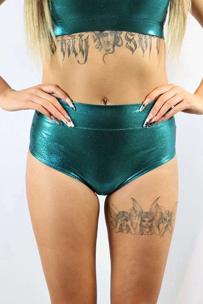 Rarr Designs pole shorts in Jade Sparkle | scrunch bum pole shorts | pole wear for curves Australia