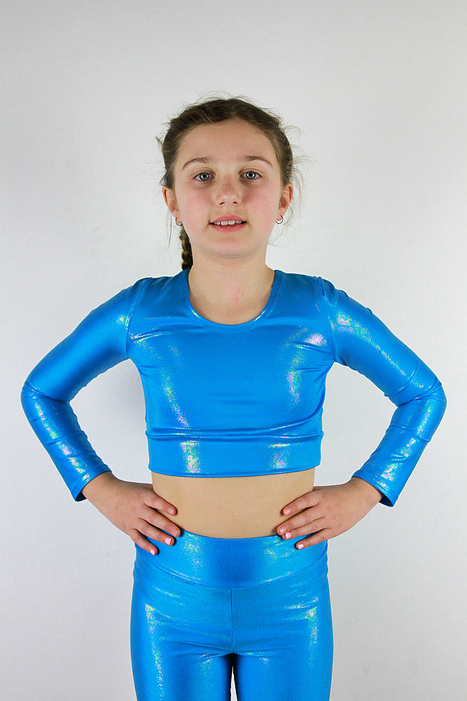 Aqua Blue Sparkle Girls Long Sleeve Crop Top – Rarr Designs