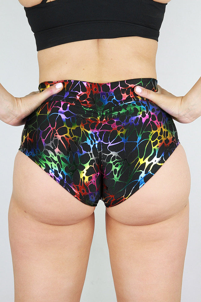 Rarr designs Web Mid Waisted BRAZIL Scrunchie Bum Shorts RAINBOW back