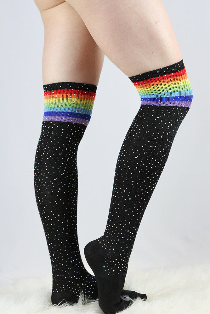 Rhinestone Football Knee High Socks Black/Rainbow – Rarr Designs