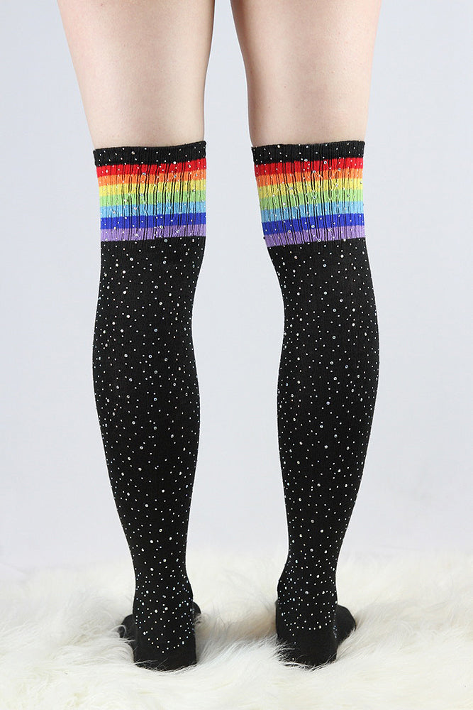 Rhinestone Football Knee High Socks Black/Rainbow – Rarr Designs