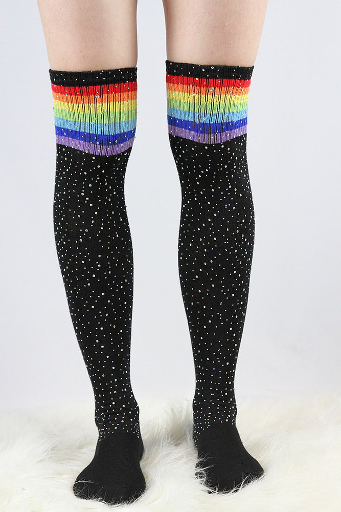 Rhinestone Football Knee High Socks Black/Rainbow – Rarr Designs