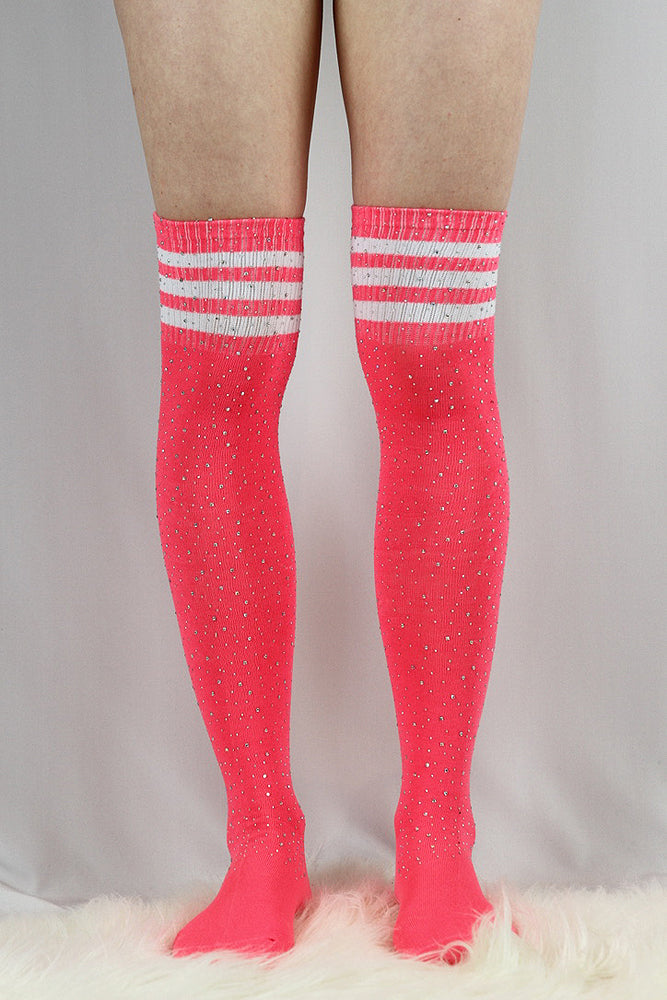 Rhinestone Football Knee High Socks Pink/White – Rarr Designs