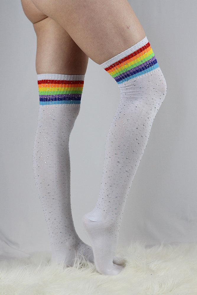 Rhinestone Football Knee High Socks White/Rainbow – Rarr Designs