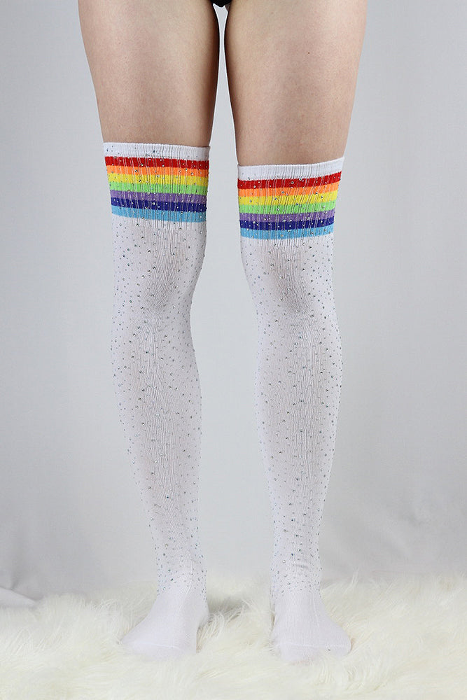 Rhinestone Football Knee High Socks White/Rainbow – Rarr Designs