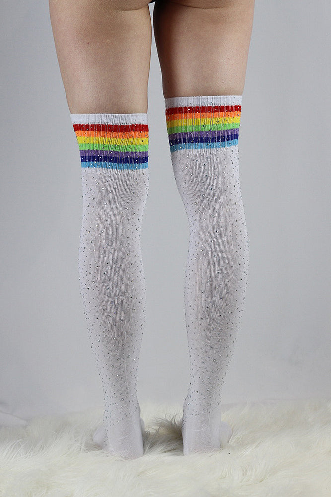 Rhinestone Football Knee High Socks White/Rainbow – Rarr Designs