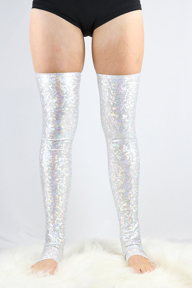 White Sparkle Extra long Stirr-up Spandex Legwarmers / Knee High Socks – Rarr Designs