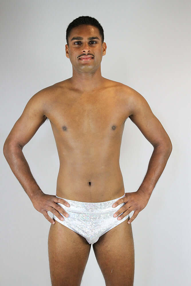 Rarr Designs men's pole dance brief in White Sparkle | men's polewear Australia | men's pole dance clothing