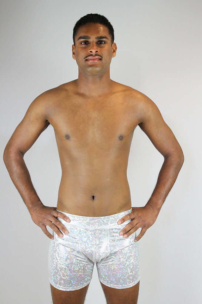 Rarr Designs men's pole shorts in White Sparkle | men's polewear Australia | men's pole dance clothing