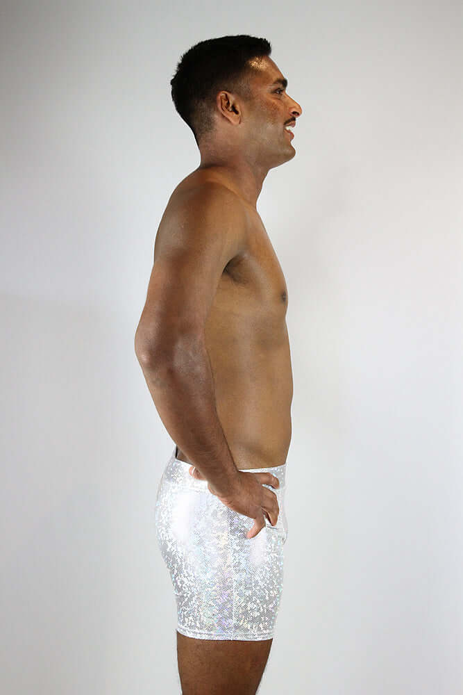 Rarr Designs men's pole shorts in White Sparkle | men's polewear Australia | men's pole dance clothing