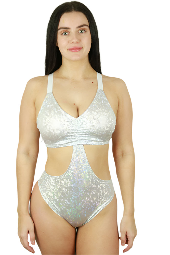White Sparkle Side Cut Out One Piece Leotard Bodysuit – Rarr Designs