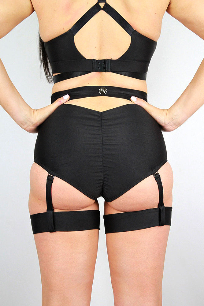 Yasmin High Waist Scrunch Bum Garter Shorts – BLACK – Rarr Designs