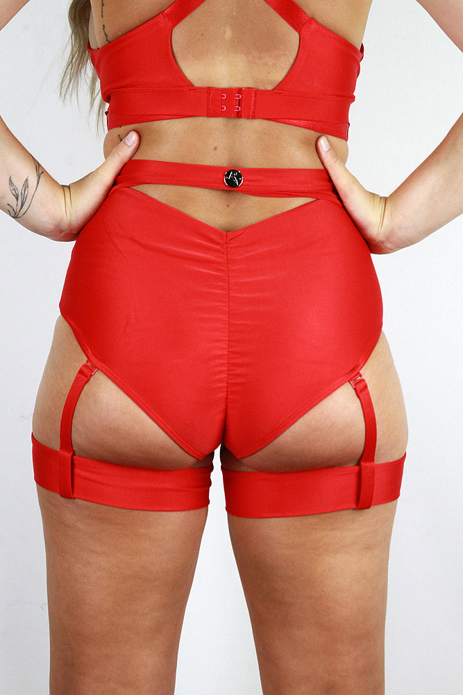 Yasmin High Waist Scrunch Bum Garter Shorts – RED – Rarr Designs