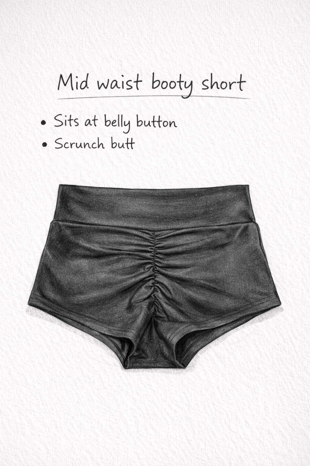 Black mid-waist booty shorts on a white background with text describing features.
