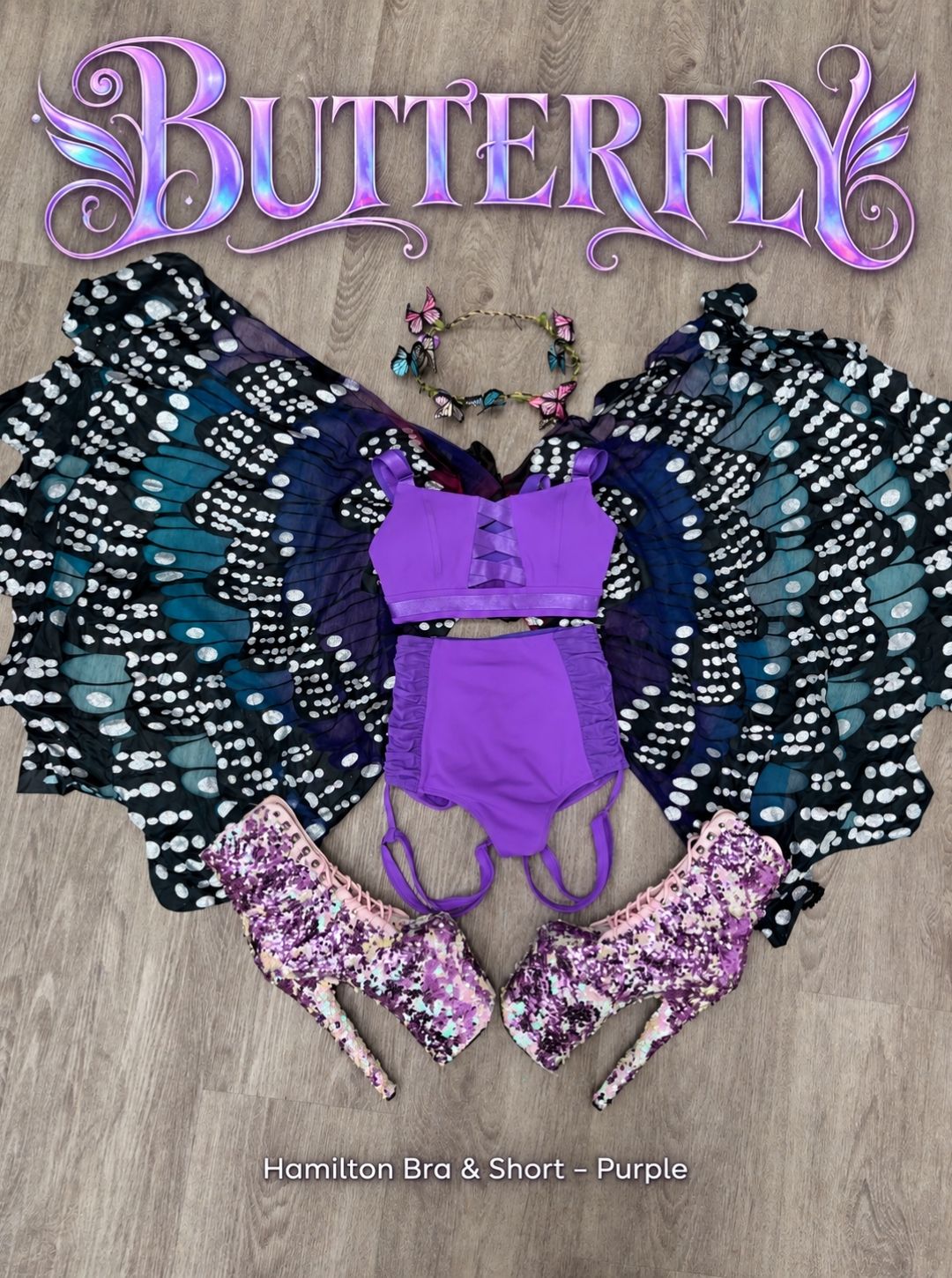 Butterfly Halloween pole costume flat lay with the RARR Hamilton Bra and Short in Purple, butterfly wings, butterfly flower crown and pink sequin platform boots