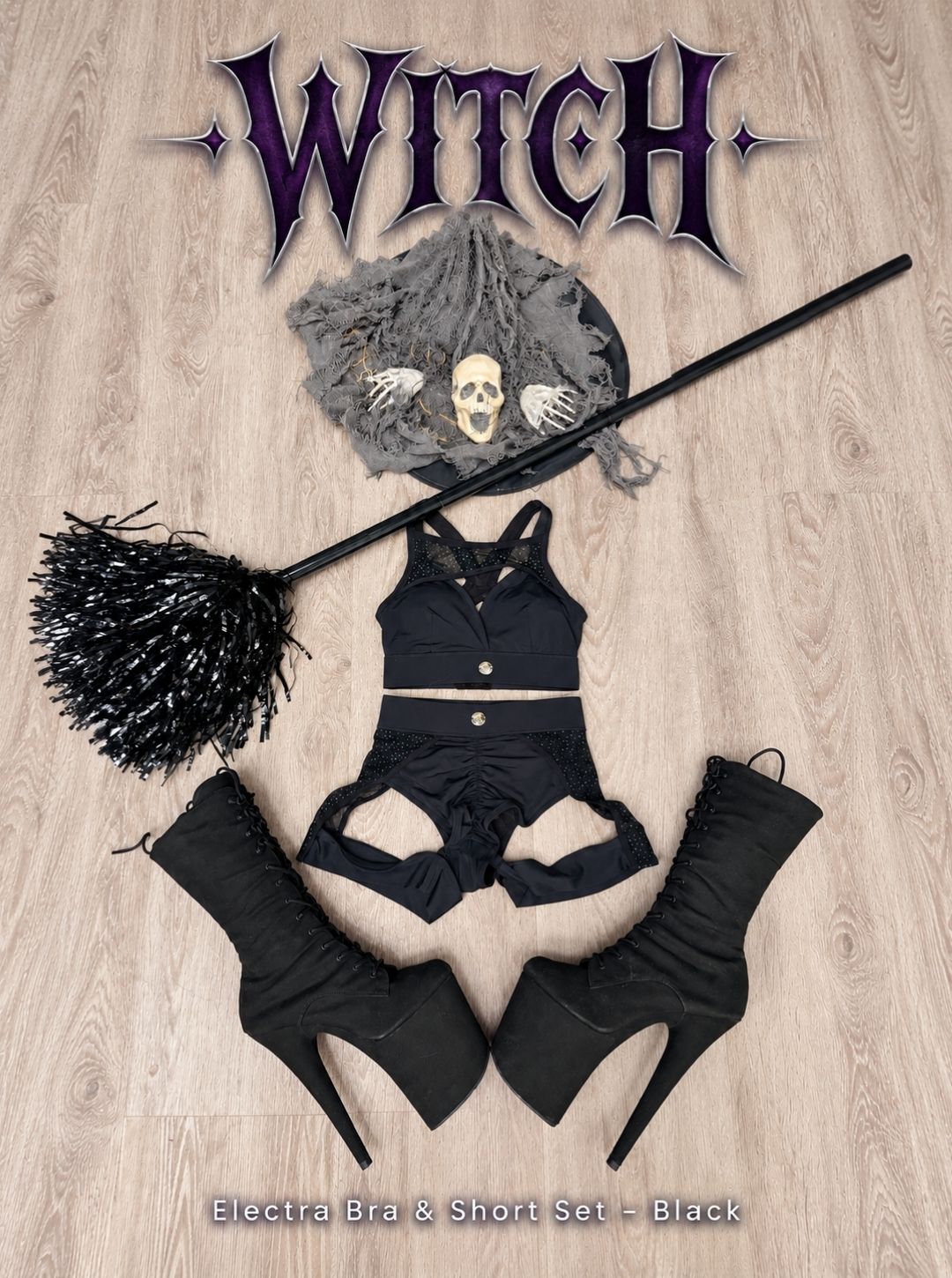 Witch Halloween pole costume flat lay with the RARR Electra Bra and Short Set in Black, platform boots, witch hat and broom