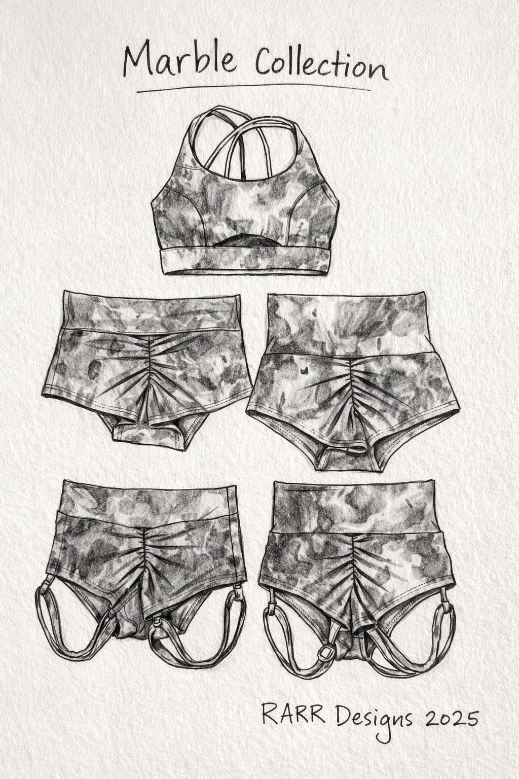 Marble patterned sports bra and underwear set with 'RARR Designs 2025' text on a light background.