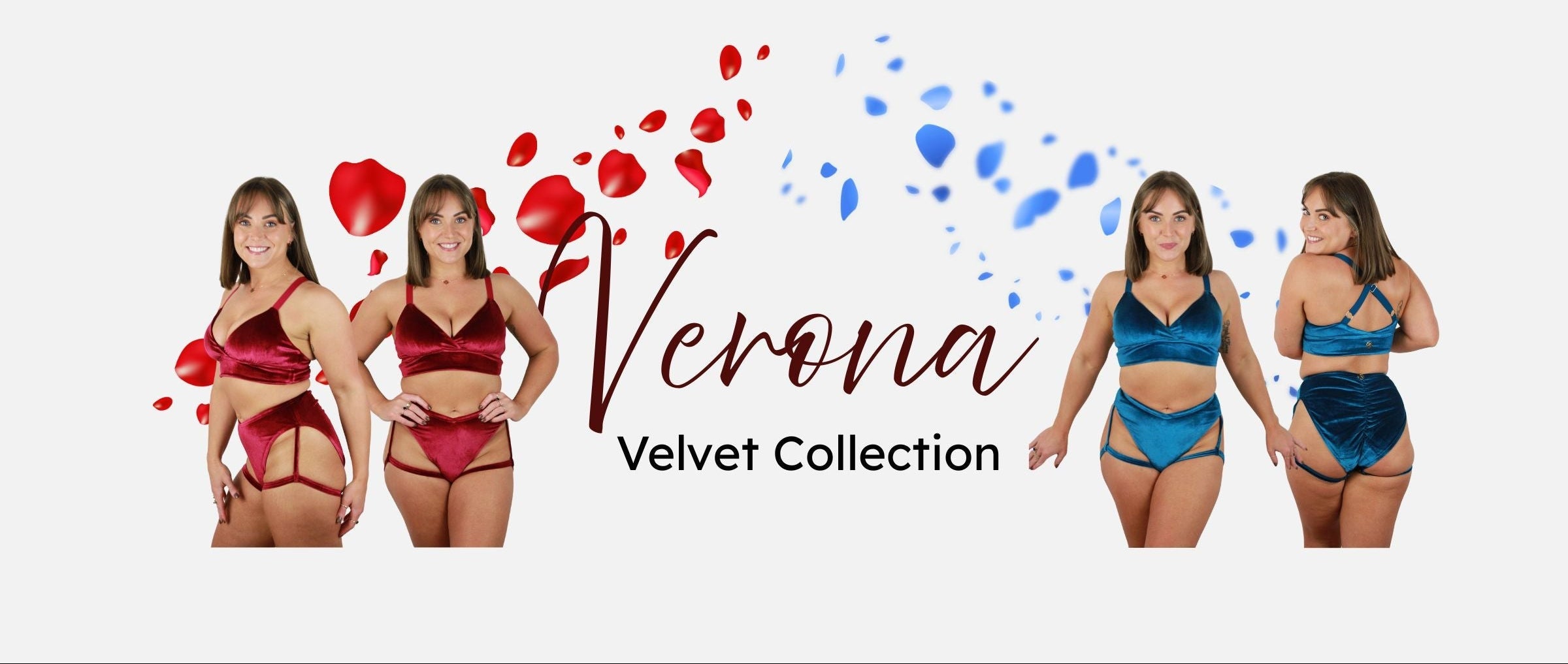 Four women wearing lingerie from the Verona Velvet Collection with hearts and colorful abstract designs on a white background.