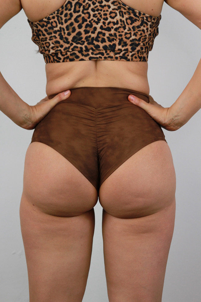 Rarr designs Brown Marble Mid Waisted BRAZIL Scrunch Bum Shorts_PoleWearback