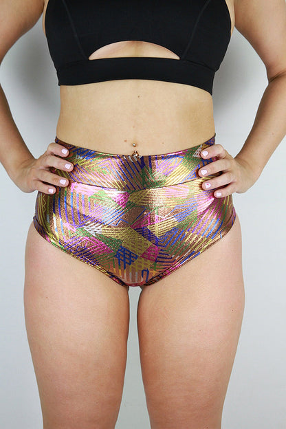 Rarr designs Linear Mid Waisted BRAZIL Scrunchie Bum Shorts BROWN front