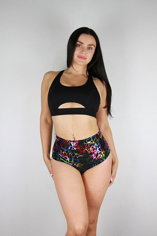 Rarr designs Web Mid Waisted BRAZIL Scrunchie Bum Shorts RAINBOW