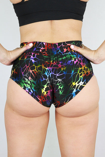 Rarr designs Web Mid Waisted BRAZIL Scrunchie Bum Shorts RAINBOW back