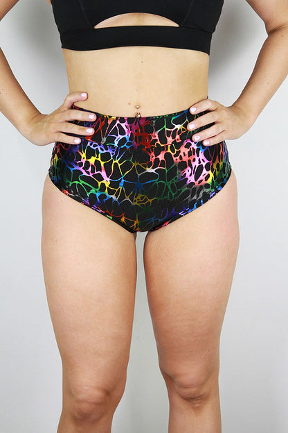 Rarr designs Web Mid Waisted BRAZIL Scrunchie Bum Shorts RAINBOW front