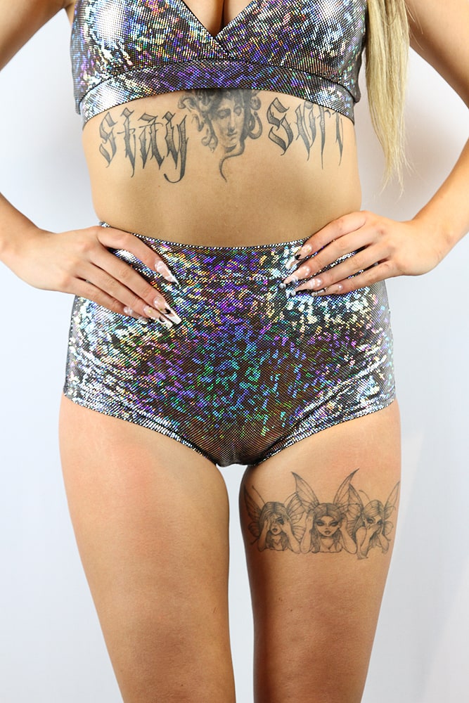 Rarr designs Silver Shattered High Waist Cheeky Shorts