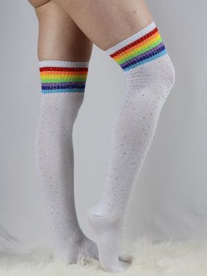 Rhinestone Knee High Football Socks White Rainbow
