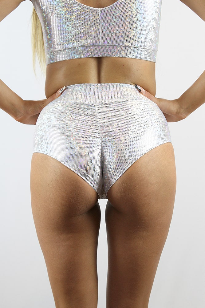 Rarr designs White Sparkle High Waisted BRAZIL Scrunchie Bum Shorts