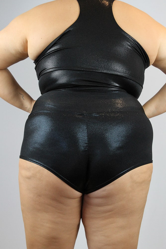 Black Sparkle High Waisted BRAZIL Scrunchie Bum Shorts – Plus Size