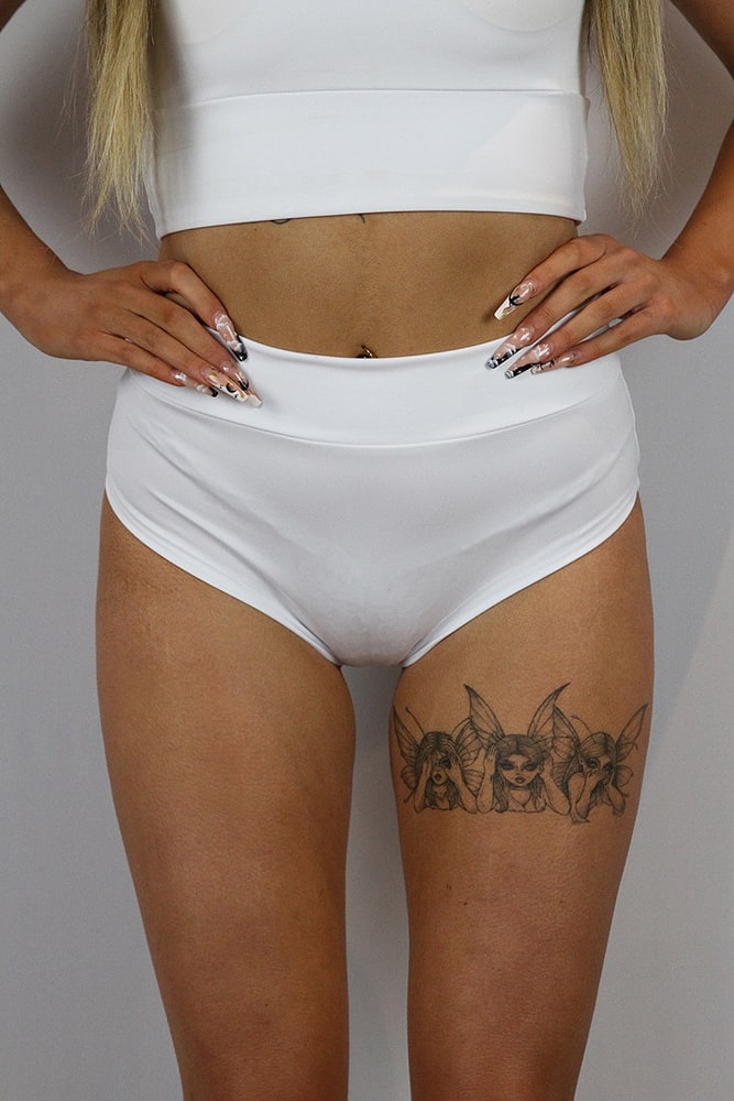 Rarr designs Matte White High Waisted BRAZIL Scrunchie Bum Shorts