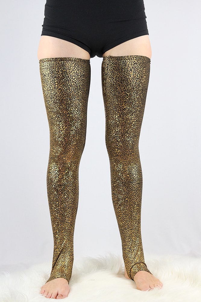 Gold Shattered Extra long Stirr-up Spandex Legwarmers/ Knee High Socks