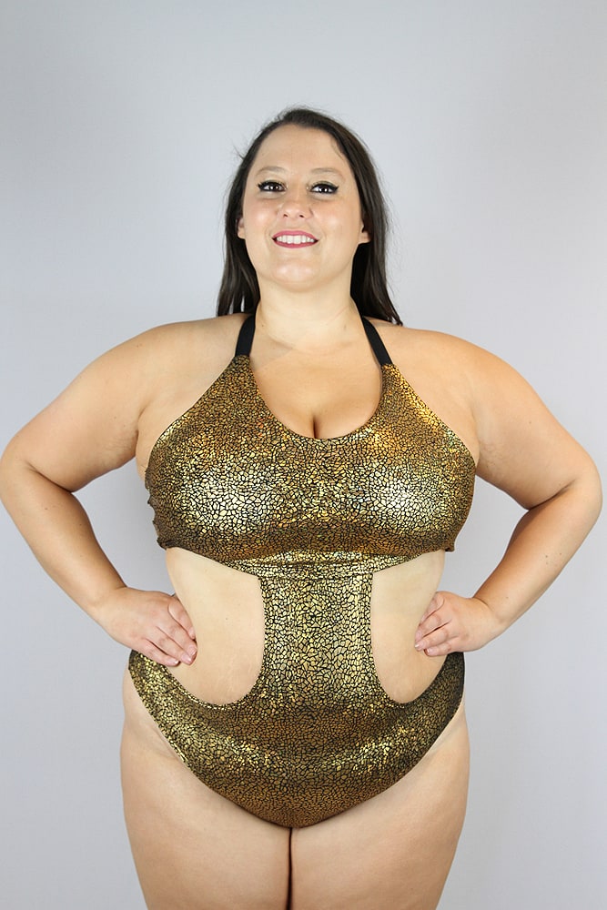 Gold Shattered Side Cut Out One Piece Leotard Bodysuit - Plus Size