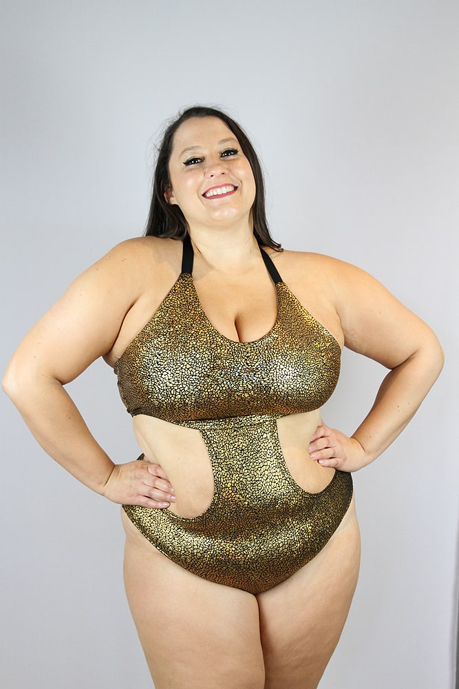 Gold Shattered Side Cut Out One Piece Leotard Bodysuit - Plus Size
