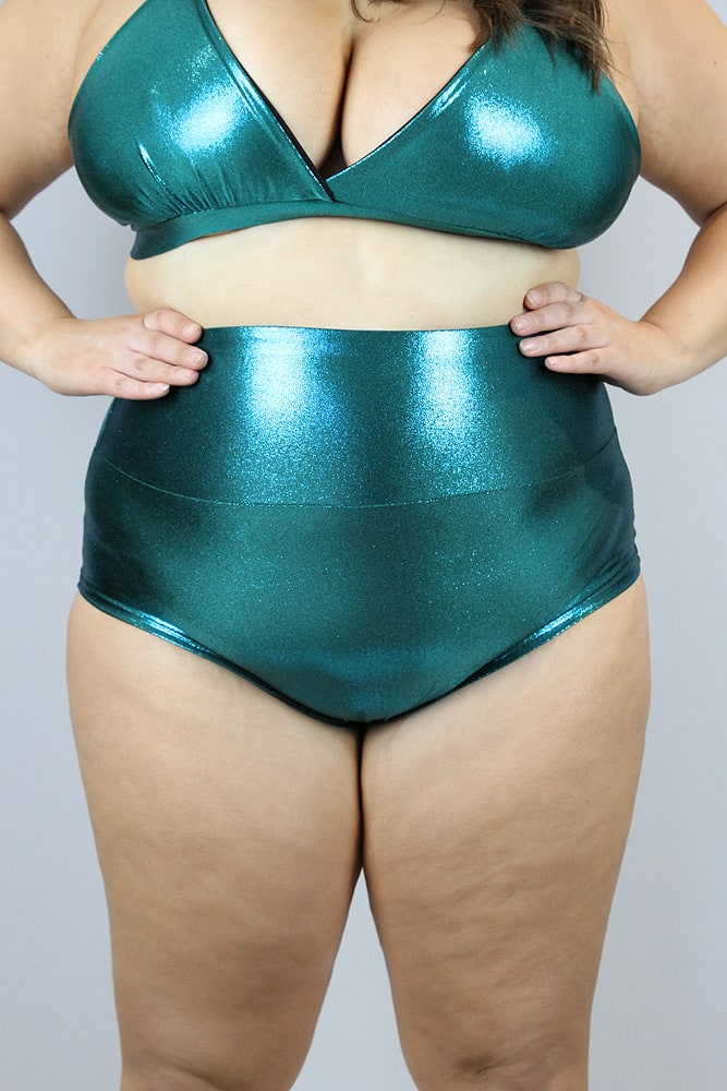 Jade Sparkle High Waisted BRAZIL Scrunchie Bum Shorts - Plus Size