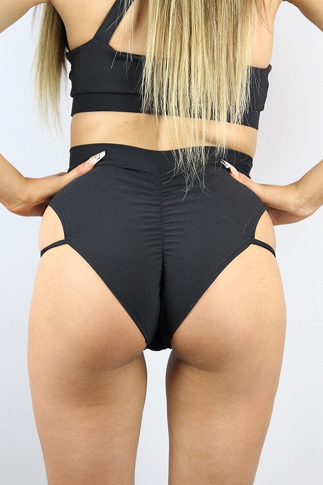 Rarr designs Matte Black Strap High Cut BRAZIL Scrunchie Bum Shorts