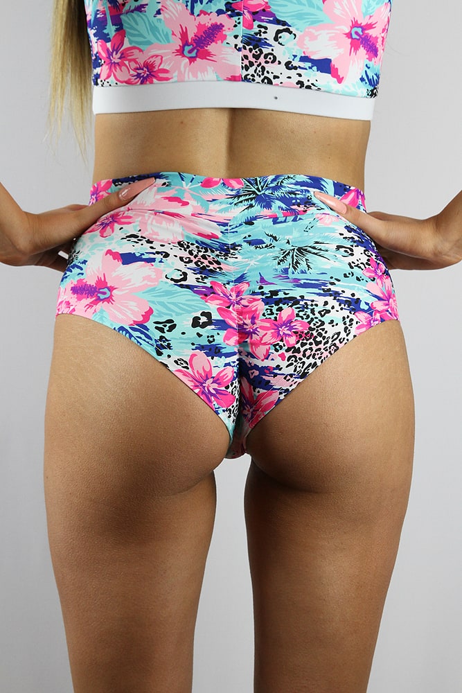 Rarr designs Hibiscus High Waisted BRAZIL Scrunchie Bum Shorts