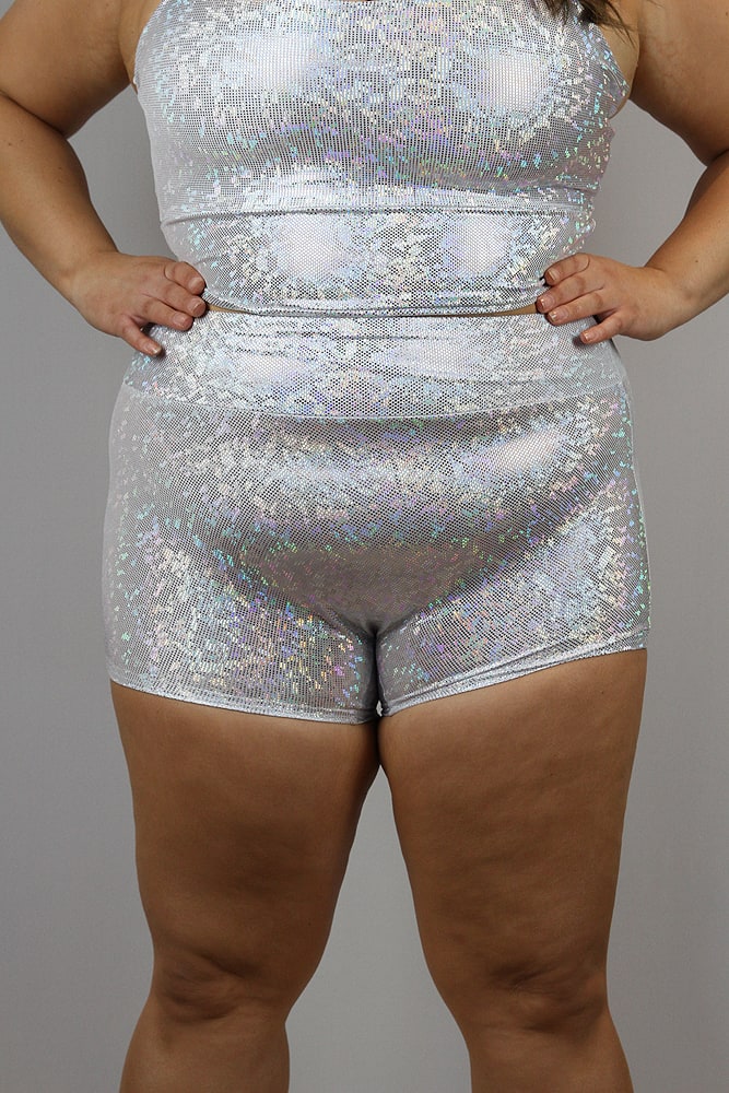 White Sparkle High Waisted Cheeky Shorts - Plus Size