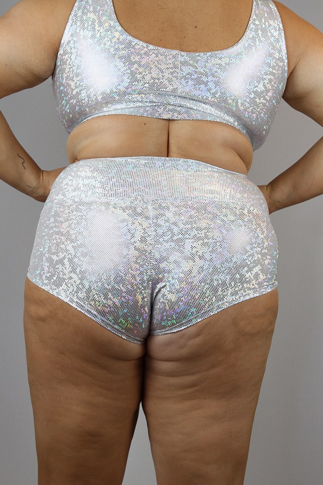 White Sparkle High Waisted BRAZIL Scrunchie Bum Shorts - Plus Size
