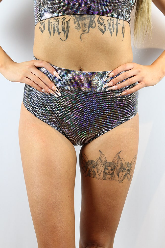 Rarr Designs Silver Sparkle High Waisted BRAZIL Scrunchie Bum Shorts