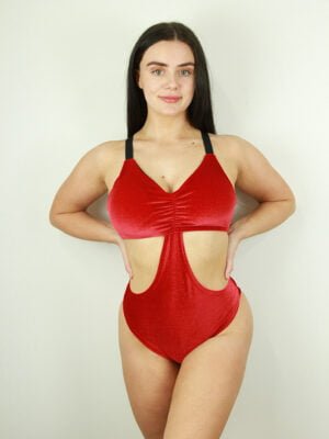 Rarr Designs Velveteratti Side Cut Out One Piece Leotard Bodysuit - Glitter Red