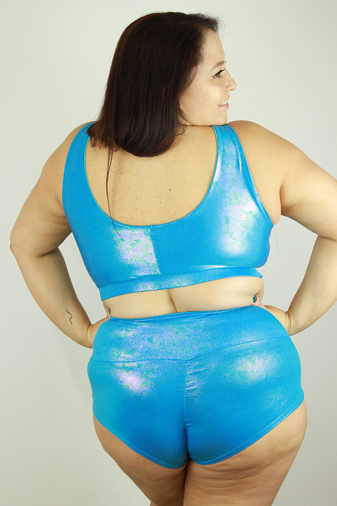 Rarr designs Aqua Sparkle High Waisted BRAZIL Scrunchie Bum Shorts - Plus Size