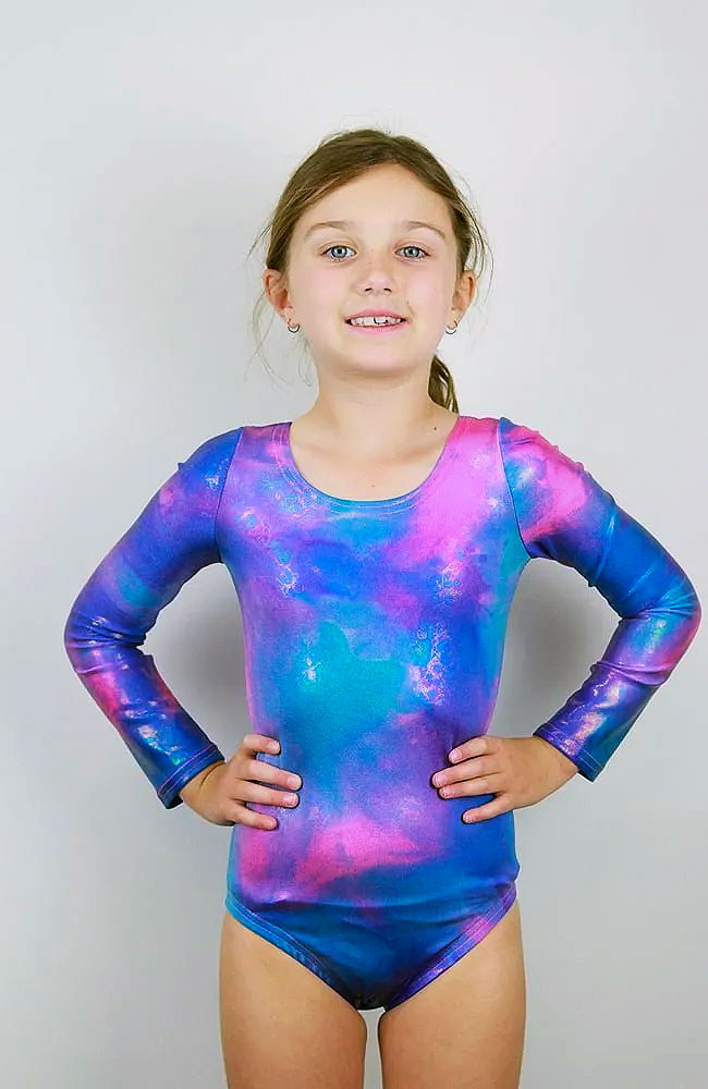 Front - Girls Long Sleeve Candy Sparkle One Piece Leotard For Gymnastics, Ballet and Dance Classes from the Little Rarrscals Range by Rarr Designs