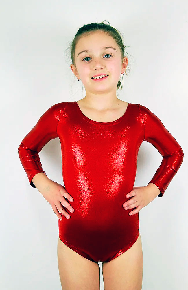 Front - Girls Long Sleeve Red Sparkle One Piece Leotard For Gymnastics, Ballet and Dance Classes from the Little Rarrscals Range by Rarr Designs