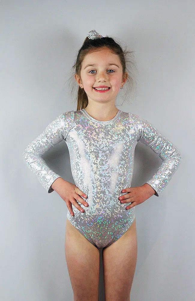 Front - Girls Long Sleeve White Sparkle One Piece Leotard For Gymnastics, Ballet and Dance Classes from the Little Rarrscals Range by Rarr Designs
