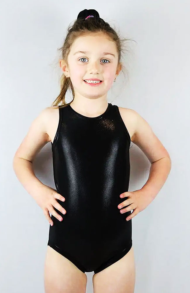 Front - Girls Sleeveless Black Sparkle One Piece Leotard For Gymnastics, Ballet and Dance Classes from the Little Rarrscals Range by Rarr Designs